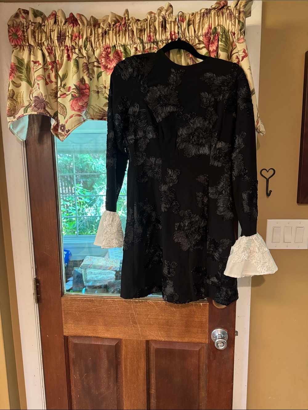 Avec Les Filles Black Floral Long-Sleeve Dress with White Lace Cuffs